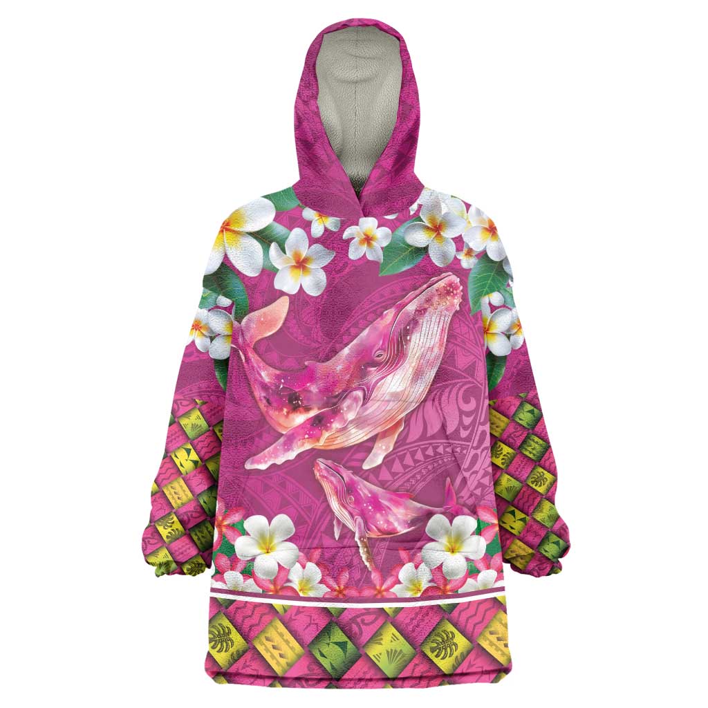 Hawaiian Plumeria and Humpback Whales Wearable Blanket Hoodie Polynerian Art Tattoo-Plum Pink Color