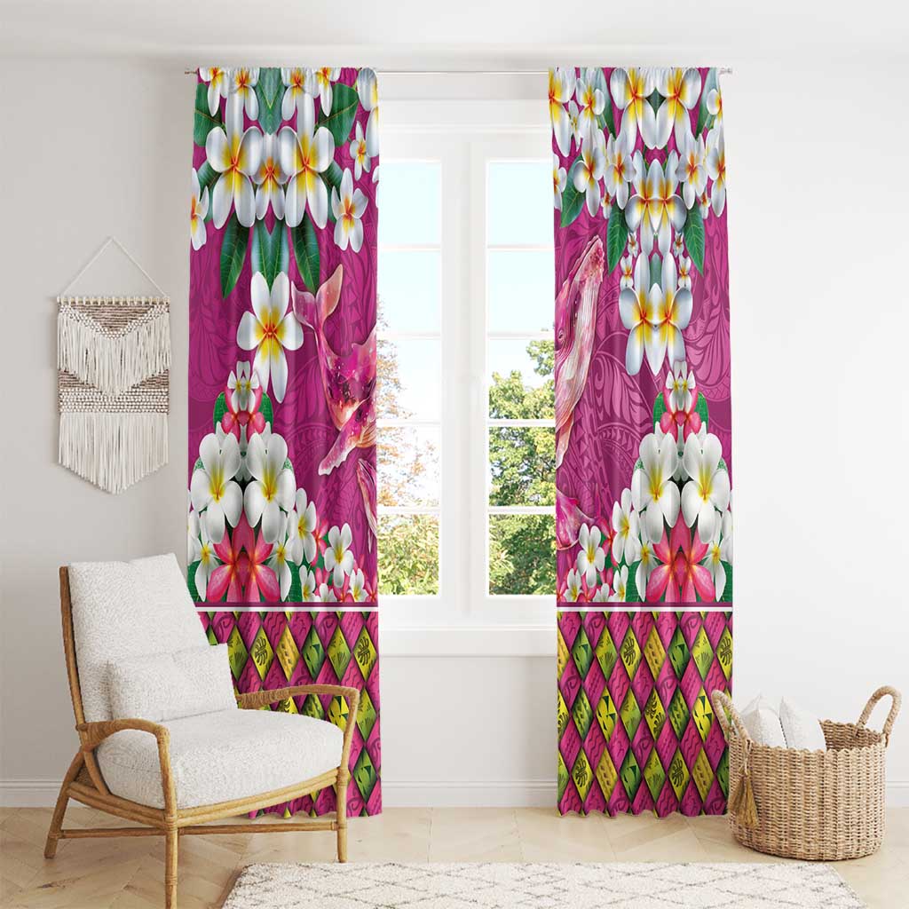 Hawaiian Plumeria and Humpback Whales Window Curtain Polynerian Art Tattoo-Plum Pink Color