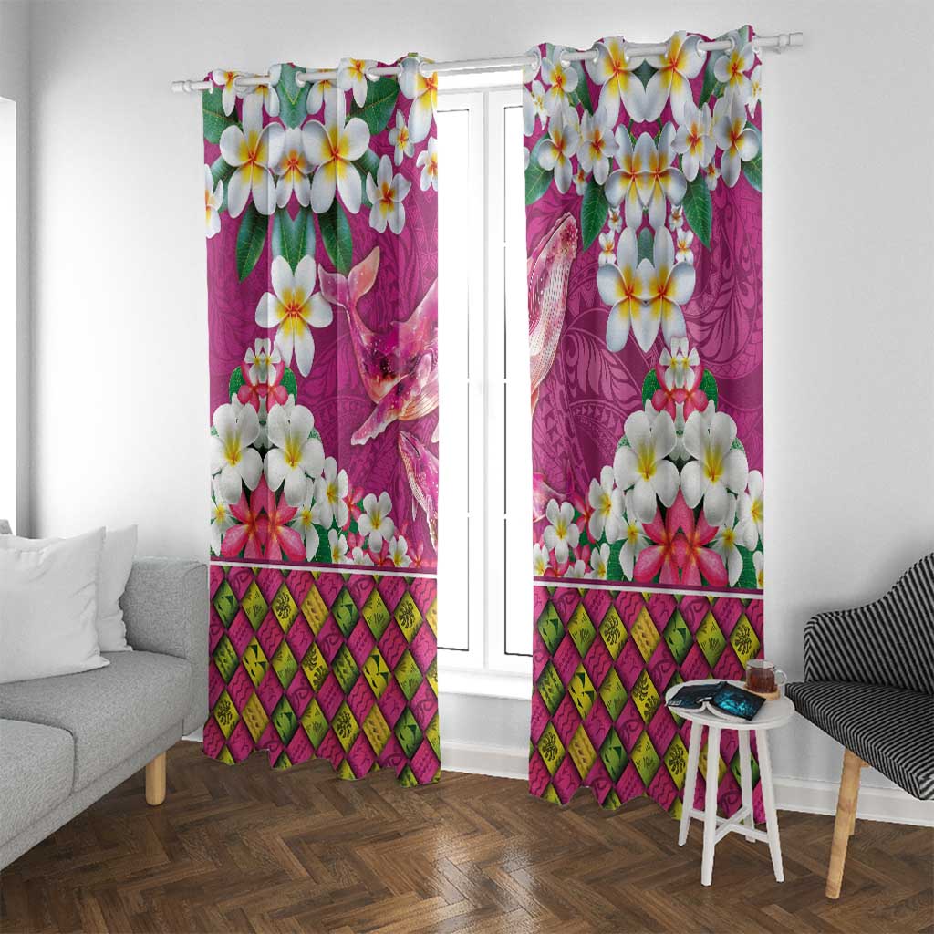 Hawaiian Plumeria and Humpback Whales Window Curtain Polynerian Art Tattoo-Plum Pink Color