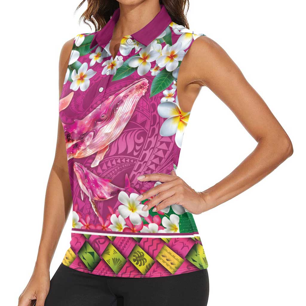 Hawaiian Plumeria and Humpback Whales Women Sleeveless Polo Shirt Polynerian Art Tattoo-Plum Pink Color