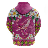 Hawaiian Plumeria and Humpback Whales Zip Hoodie Polynerian Art Tattoo-Plum Pink Color