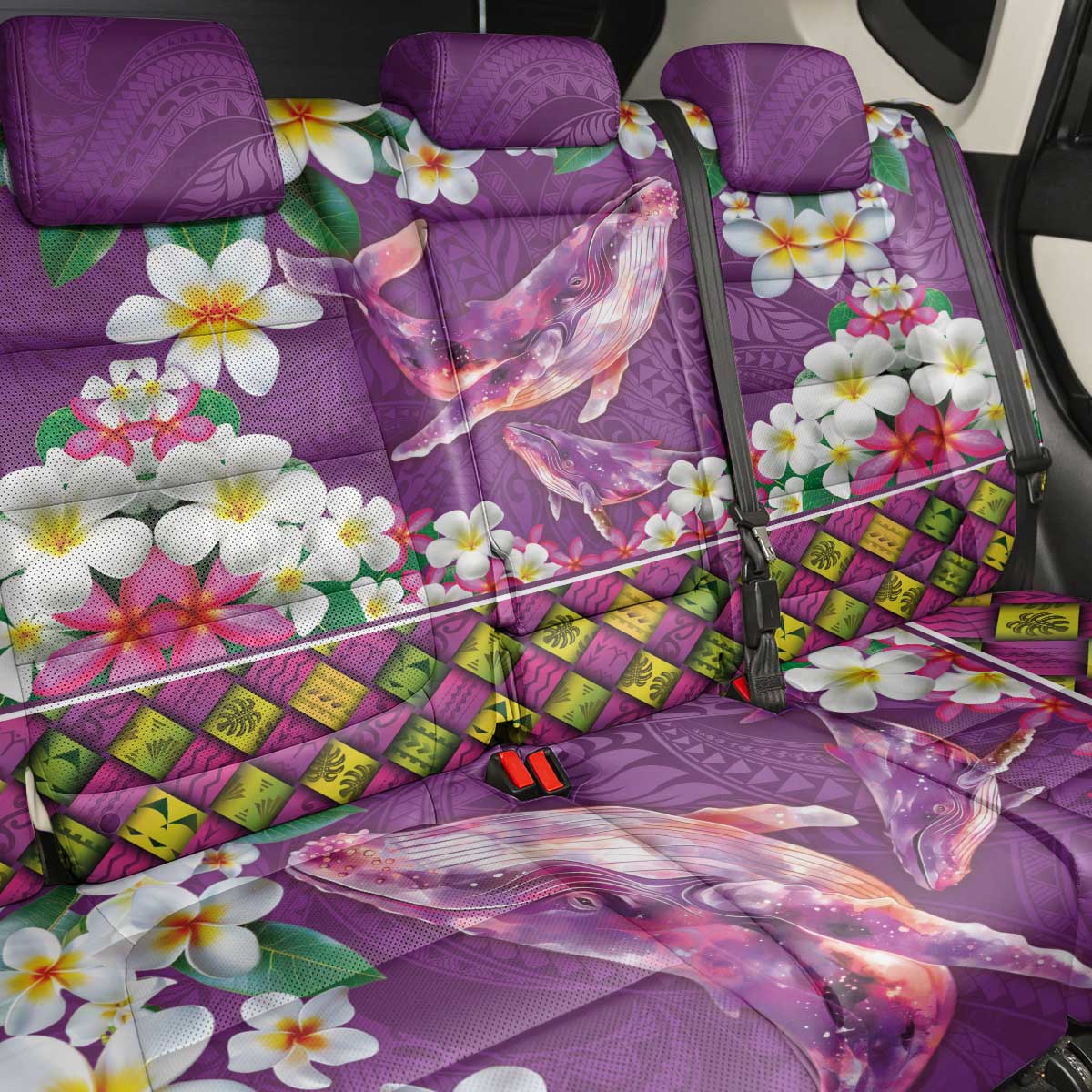 Hawaiian Plumeria and Humpback Whales Back Car Seat Cover Polynerian Art Tattoo-Mauve Color