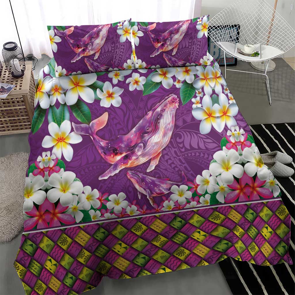Hawaiian Plumeria and Humpback Whales Bedding Set Polynerian Art Tattoo-Mauve Color LT03 - Polynesian Pride