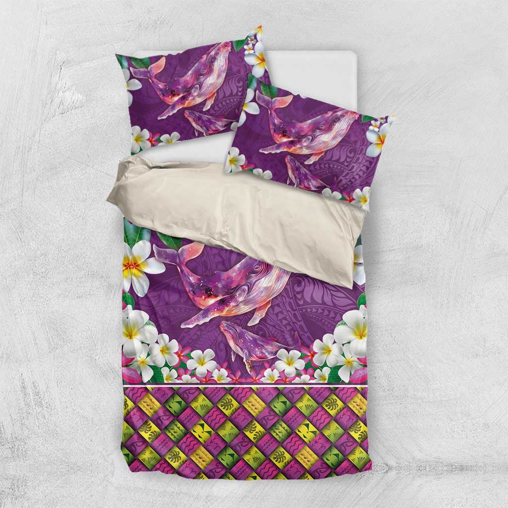 Hawaiian Plumeria and Humpback Whales Bedding Set Polynerian Art Tattoo-Mauve Color LT03 US Twin 172cm x 218cm Purple - Polynesian Pride