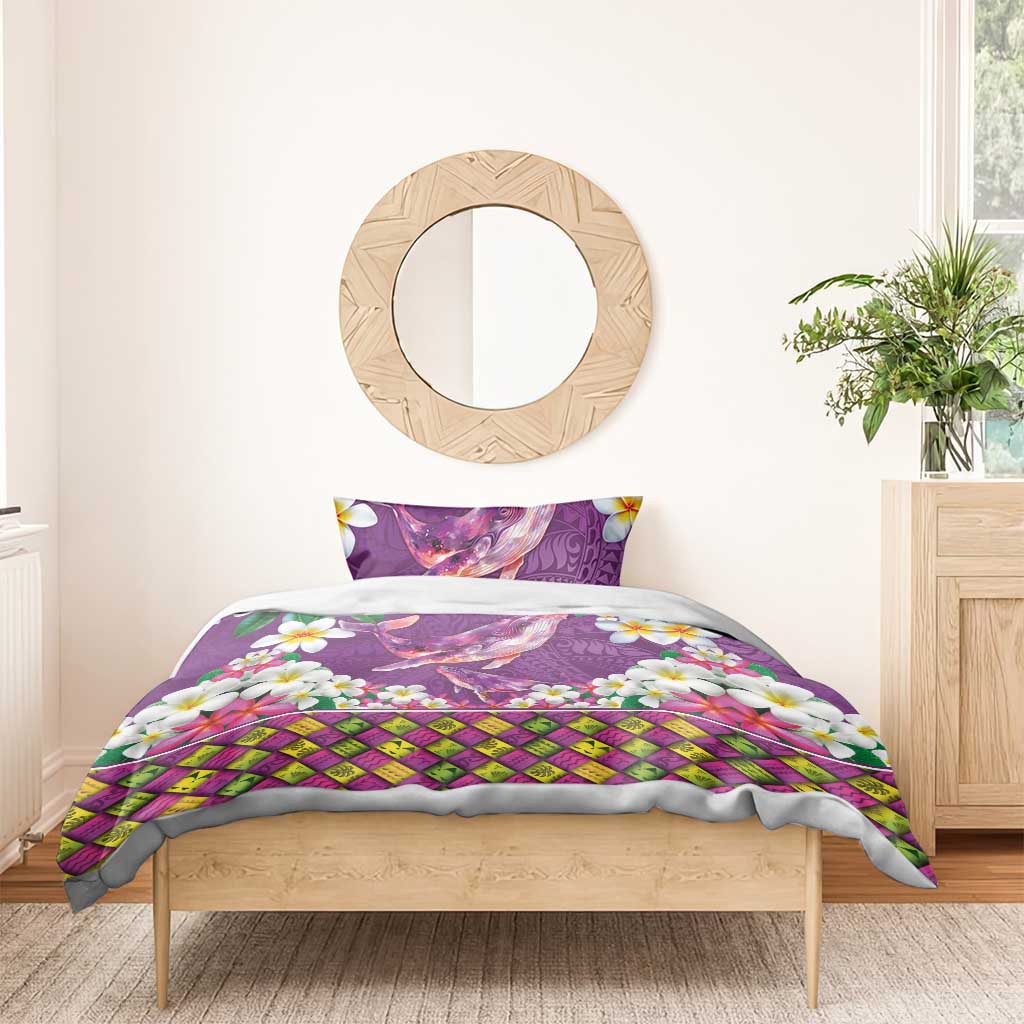 Hawaiian Plumeria and Humpback Whales Bedding Set Polynerian Art Tattoo-Mauve Color LT03 - Polynesian Pride