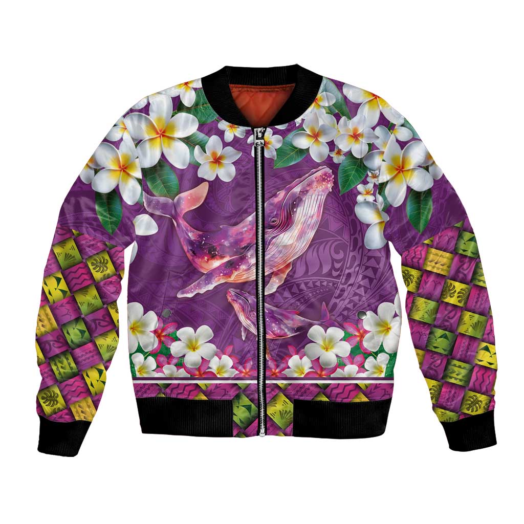 Hawaiian Plumeria and Humpback Whales Bomber Jacket Polynerian Art Tattoo-Mauve Color