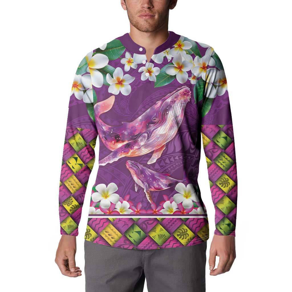 Hawaiian Plumeria and Humpback Whales Button Sweatshirt Polynerian Art Tattoo-Mauve Color