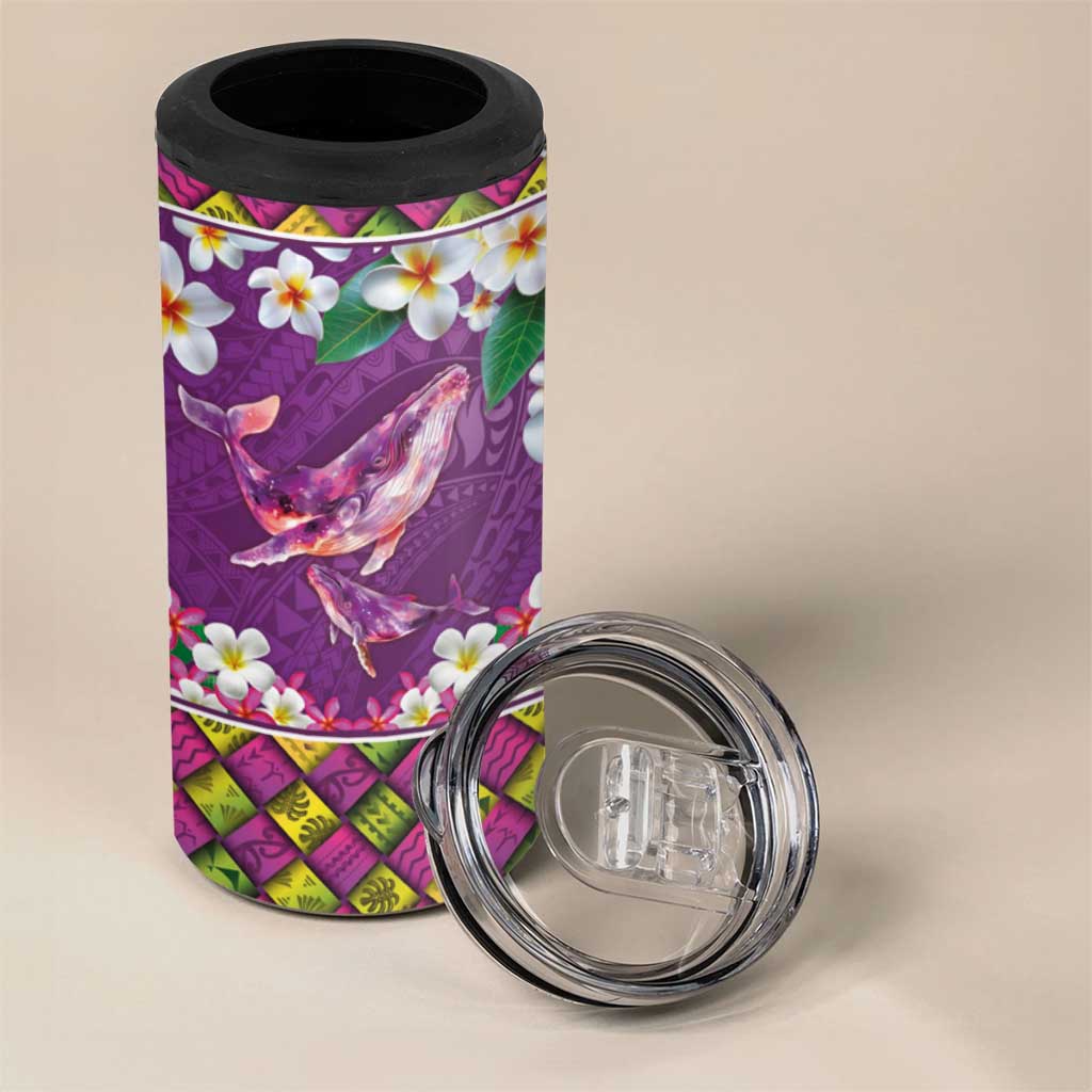 Hawaiian Plumeria and Humpback Whales 4 in 1 Can Cooler Tumbler Polynerian Art Tattoo-Mauve Color