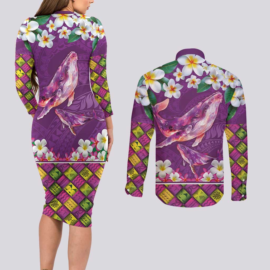 Hawaiian Plumeria and Humpback Whales Couples Matching Long Sleeve Bodycon Dress and Long Sleeve Button Shirt Polynerian Art Tattoo-Mauve Color
