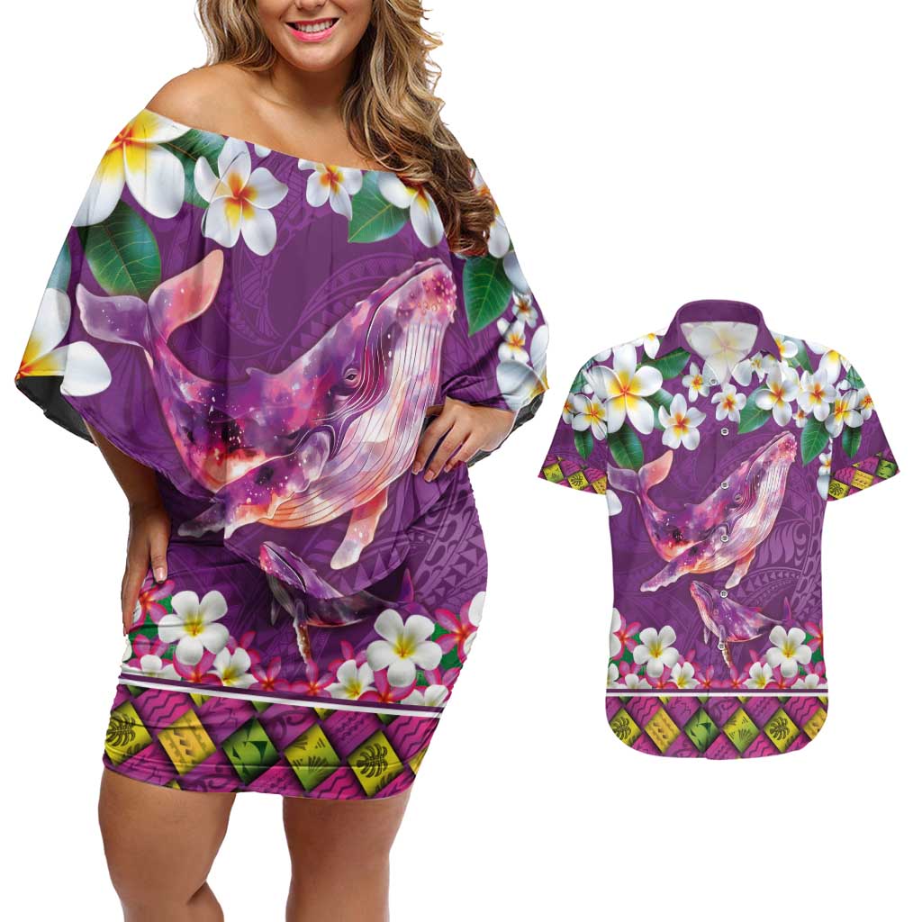 Hawaiian Plumeria and Humpback Whales Couples Matching Off Shoulder Short Dress and Hawaiian Shirt Polynerian Art Tattoo-Mauve Color