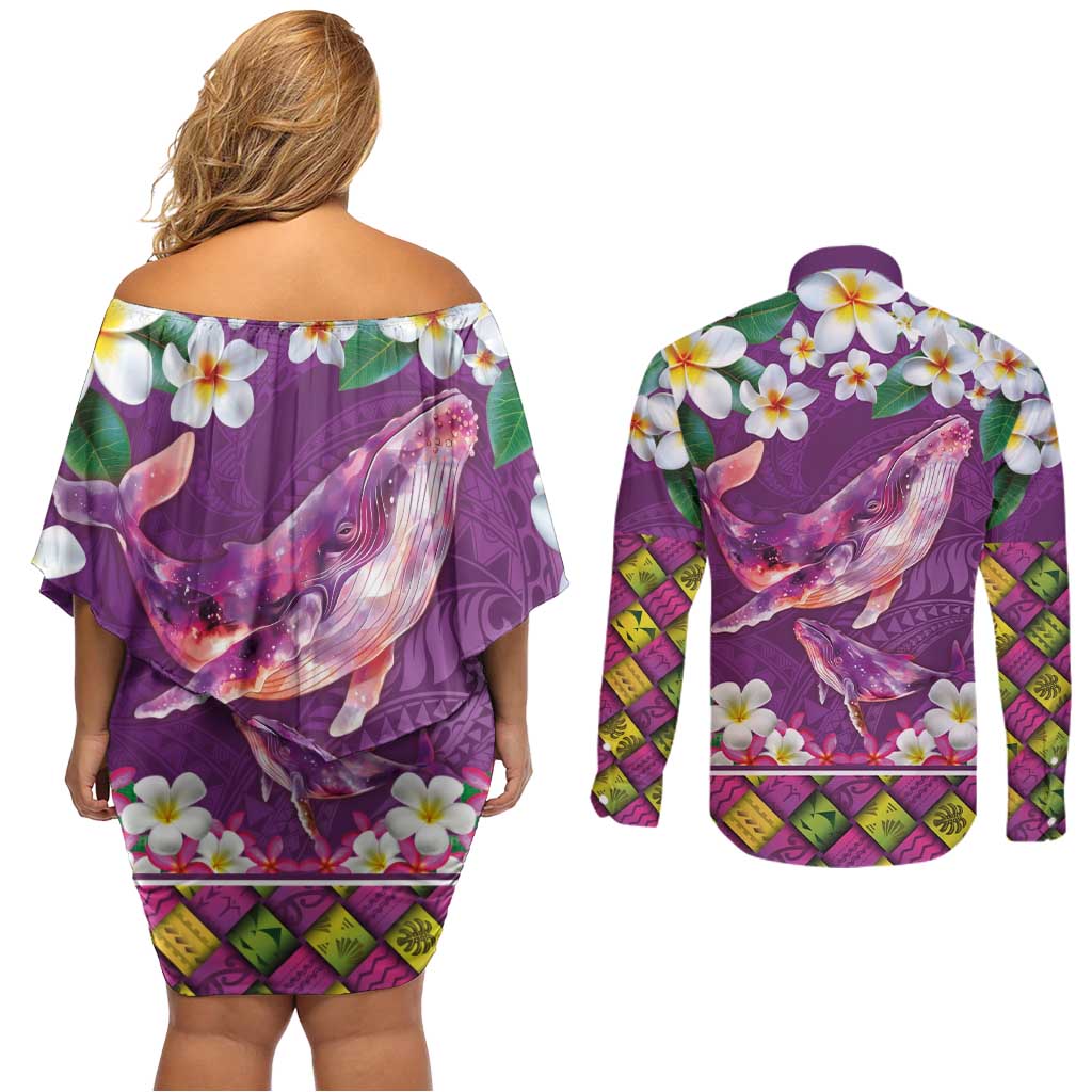 Hawaiian Plumeria and Humpback Whales Couples Matching Off Shoulder Short Dress and Long Sleeve Button Shirt Polynerian Art Tattoo-Mauve Color