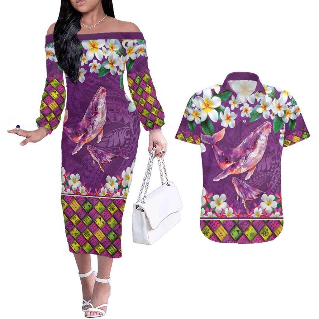 Hawaiian Plumeria and Humpback Whales Couples Matching Off The Shoulder Long Sleeve Dress and Hawaiian Shirt Polynerian Art Tattoo-Mauve Color