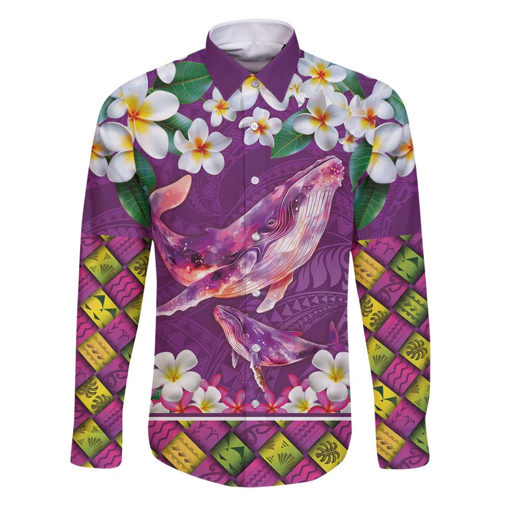 Hawaiian Plumeria and Humpback Whales Family Matching Long Sleeve Bodycon Dress and Hawaiian Shirt Polynerian Art Tattoo-Mauve Color