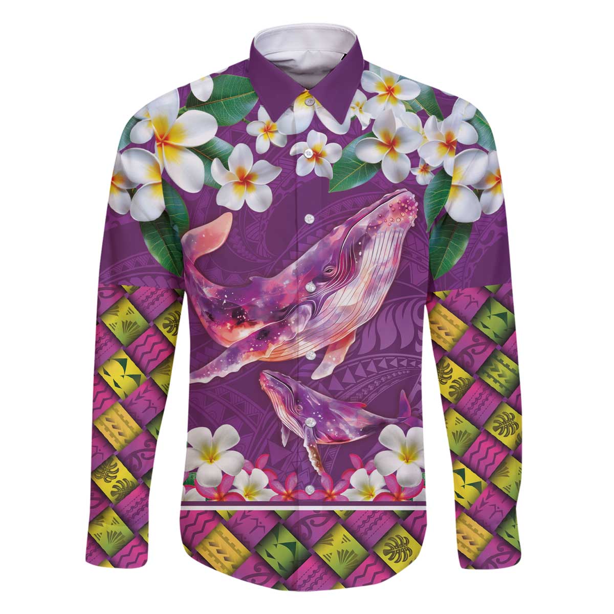 Hawaiian Plumeria and Humpback Whales Family Matching Off The Shoulder Long Sleeve Dress and Hawaiian Shirt Polynerian Art Tattoo-Mauve Color