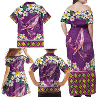Hawaiian Plumeria and Humpback Whales Family Matching Off Shoulder Maxi Dress and Hawaiian Shirt Polynerian Art Tattoo-Mauve Color