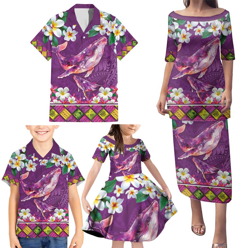 Hawaiian Plumeria and Humpback Whales Family Matching Puletasi and Hawaiian Shirt Polynerian Art Tattoo-Mauve Color