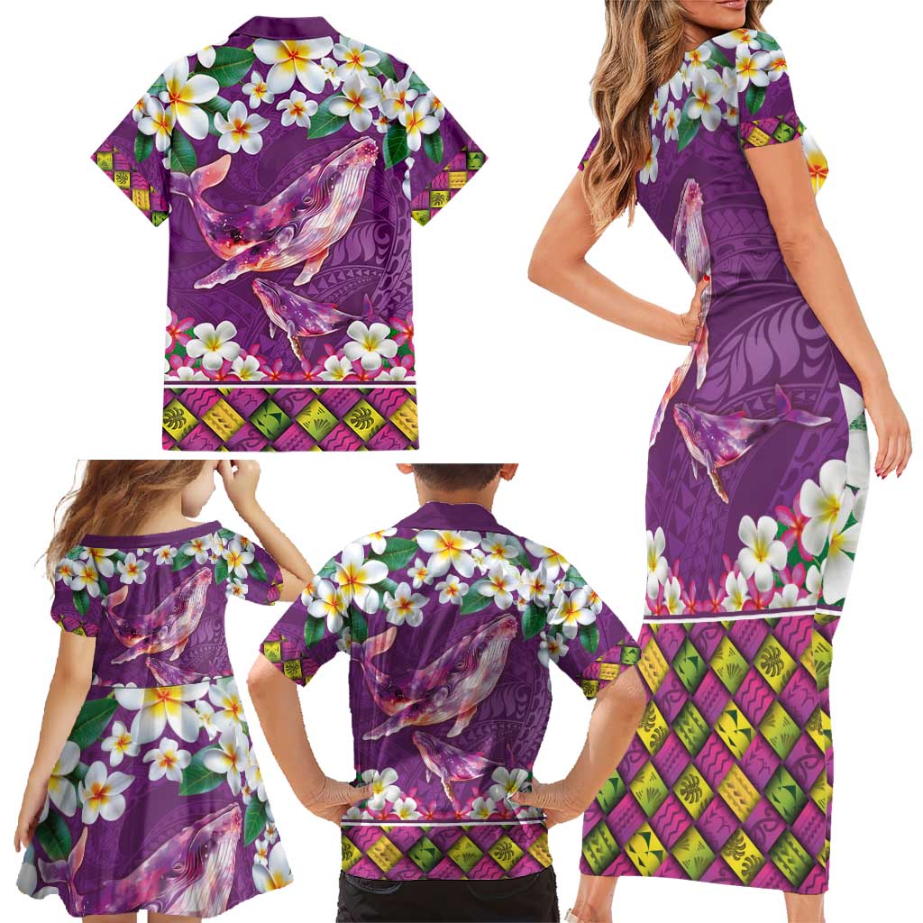 Hawaiian Plumeria and Humpback Whales Family Matching Short Sleeve Bodycon Dress and Hawaiian Shirt Polynerian Art Tattoo-Mauve Color