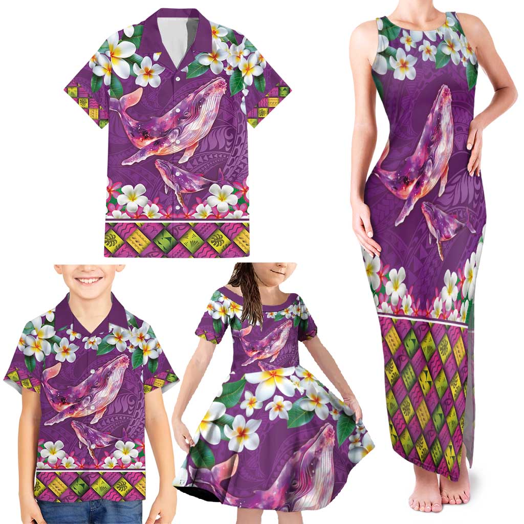 Hawaiian Plumeria and Humpback Whales Family Matching Tank Maxi Dress and Hawaiian Shirt Polynerian Art Tattoo-Mauve Color