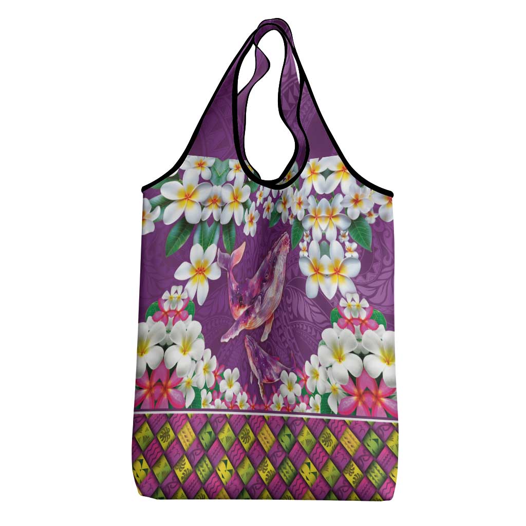 Hawaiian Plumeria and Humpback Whales Grocery Bag Polynerian Art Tattoo-Mauve Color