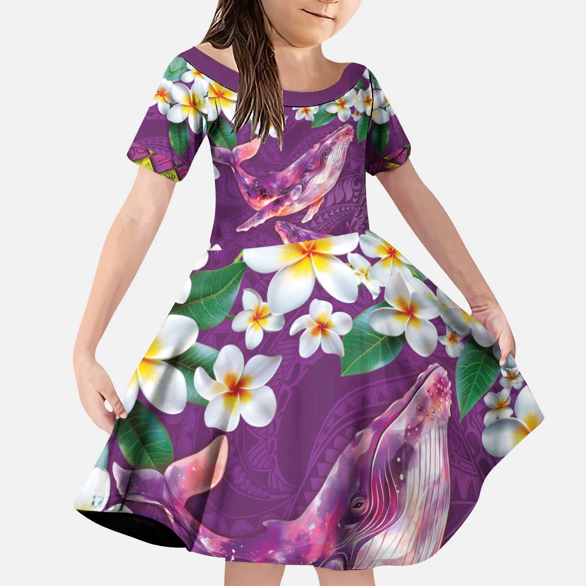 Hawaiian Plumeria and Humpback Whales Kid Short Sleeve Dress Polynerian Art Tattoo-Mauve Color