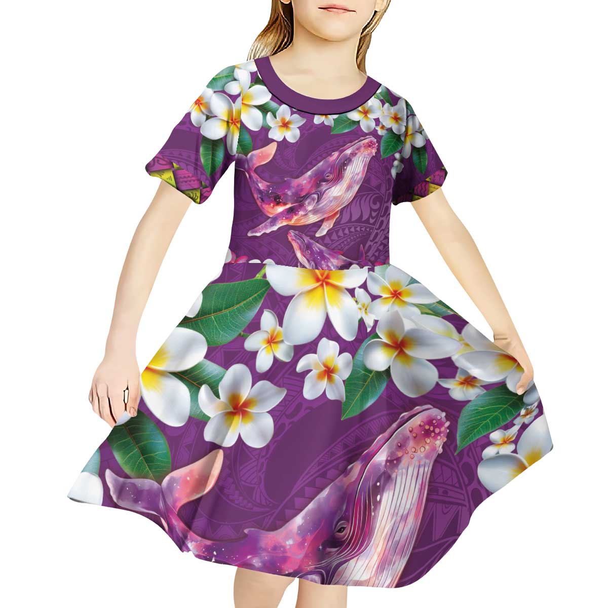 Hawaiian Plumeria and Humpback Whales Kid Short Sleeve Dress Polynerian Art Tattoo-Mauve Color