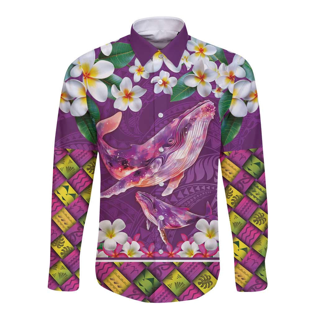 Hawaiian Plumeria and Humpback Whales Long Sleeve Button Shirt Polynerian Art Tattoo-Mauve Color