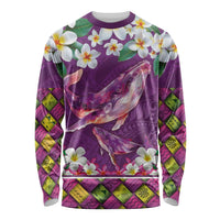 Hawaiian Plumeria and Humpback Whales Long Sleeve Shirt Polynerian Art Tattoo-Mauve Color