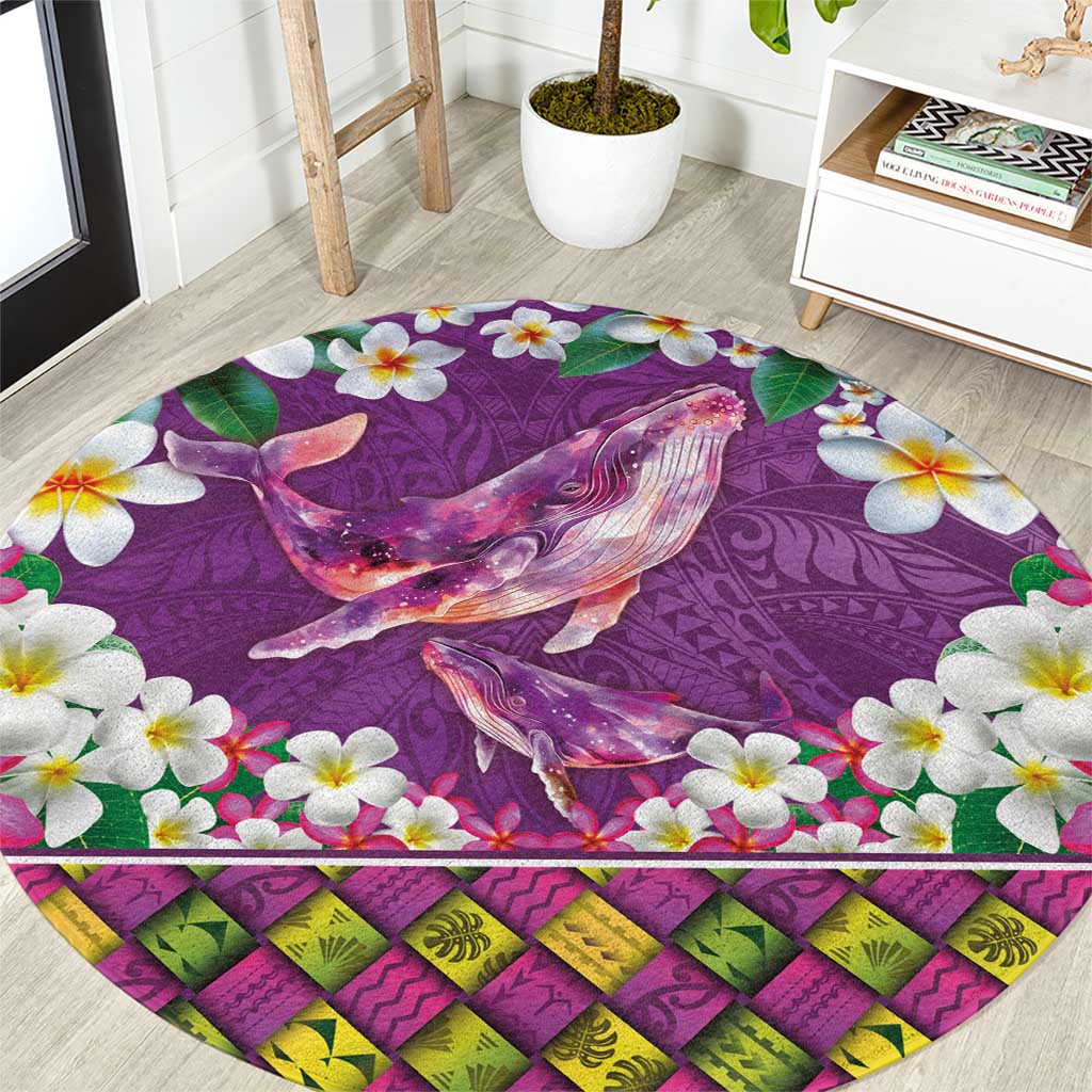 Hawaiian Plumeria and Humpback Whales Round Carpet Polynerian Art Tattoo-Mauve Color LT03 Purple - Polynesian Pride