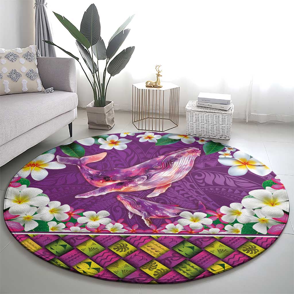 Hawaiian Plumeria and Humpback Whales Round Carpet Polynerian Art Tattoo-Mauve Color LT03 - Polynesian Pride