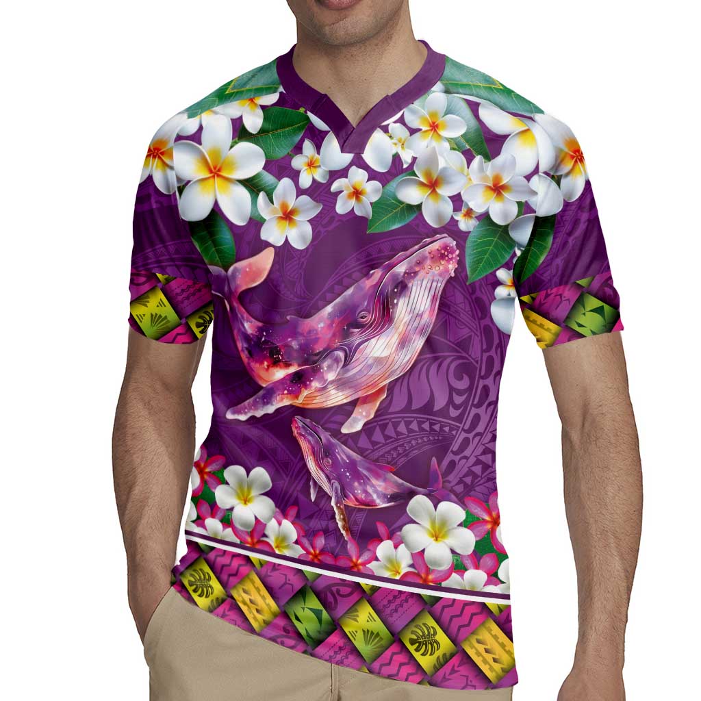 Hawaiian Plumeria and Humpback Whales Rugby Jersey Polynerian Art Tattoo-Mauve Color