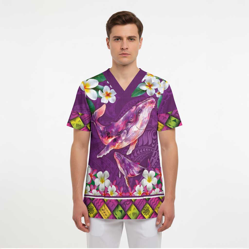 Hawaiian Plumeria and Humpback Whales Scrub Top Polynerian Art Tattoo-Mauve Color - Polynesian Pride