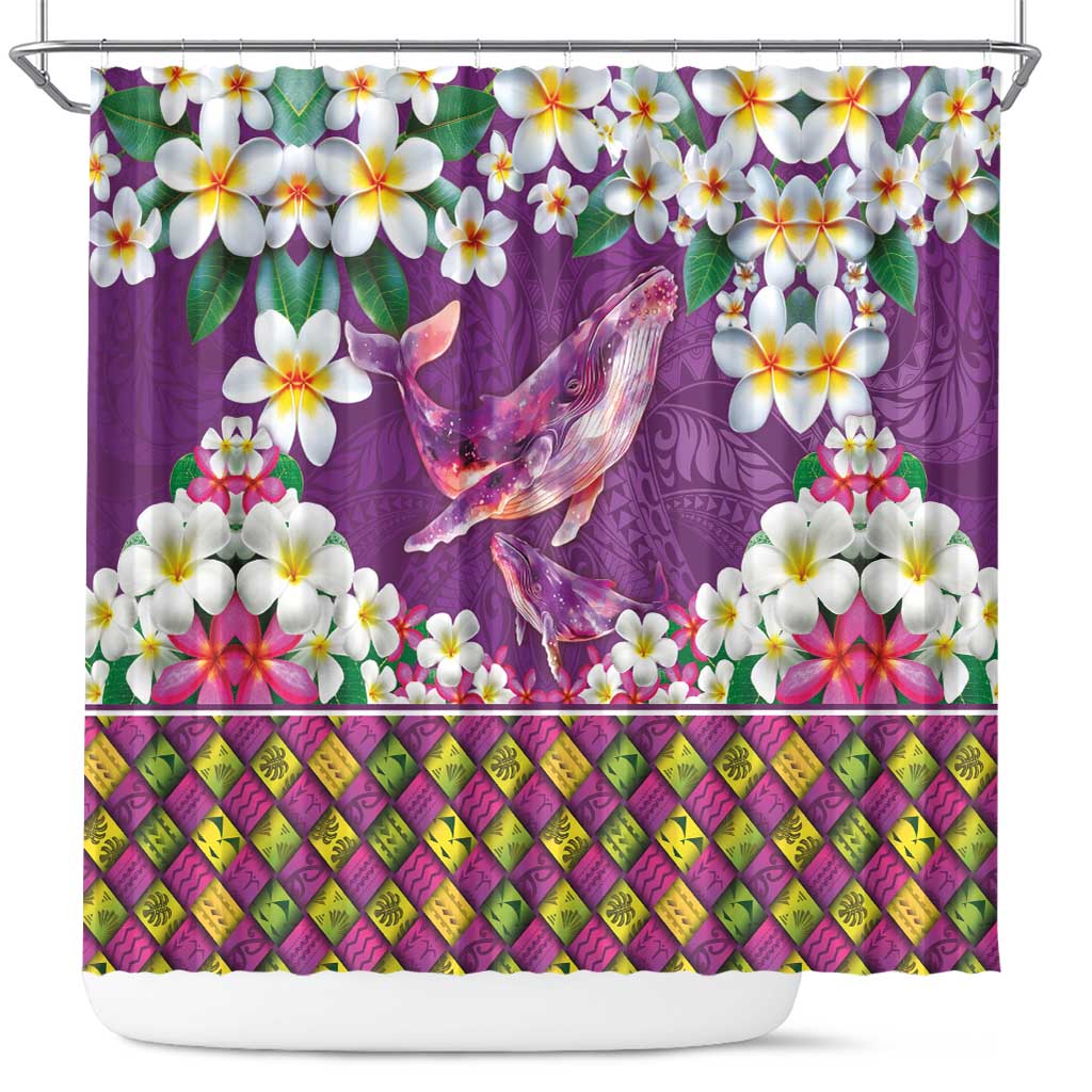 Hawaiian Plumeria and Humpback Whales Shower Curtain Polynerian Art Tattoo-Mauve Color