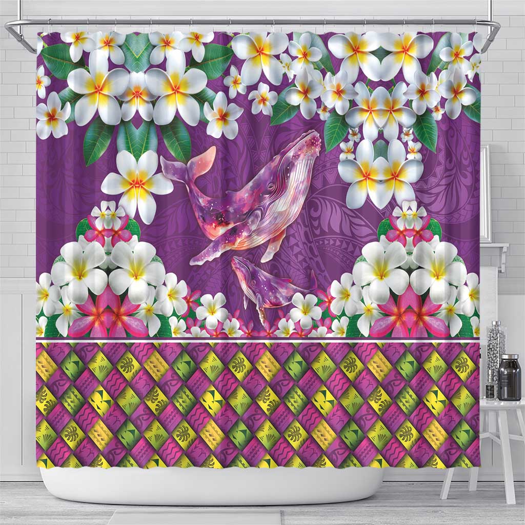 Hawaiian Plumeria and Humpback Whales Shower Curtain Polynerian Art Tattoo-Mauve Color