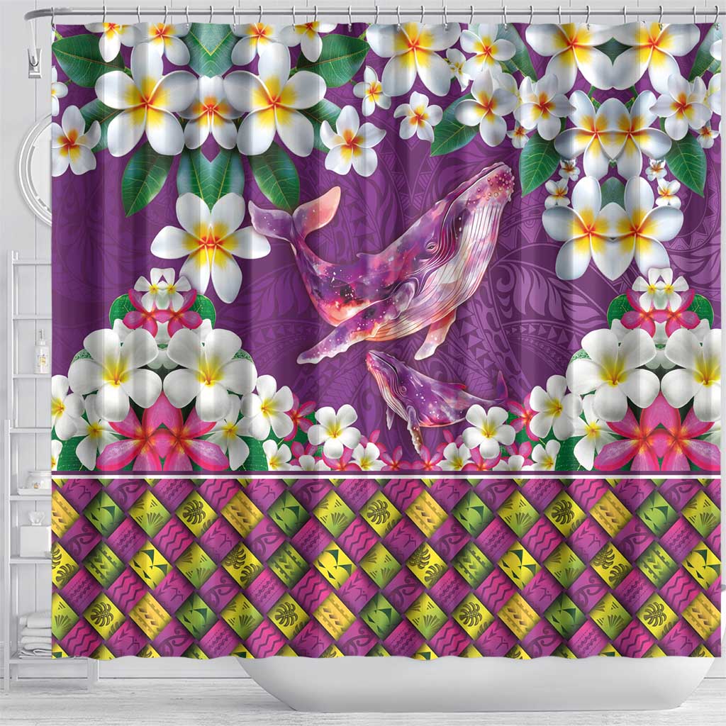 Hawaiian Plumeria and Humpback Whales Shower Curtain Polynerian Art Tattoo-Mauve Color