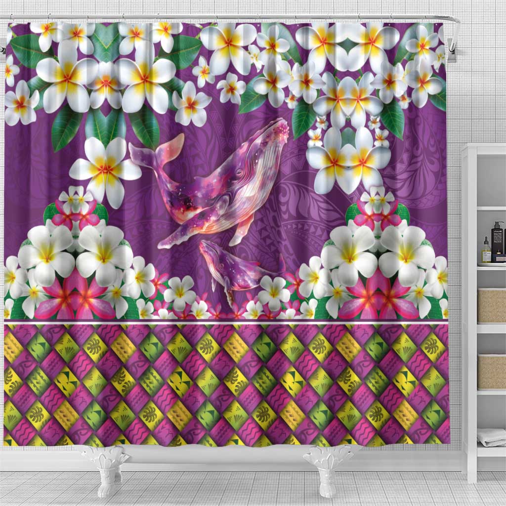 Hawaiian Plumeria and Humpback Whales Shower Curtain Polynerian Art Tattoo-Mauve Color