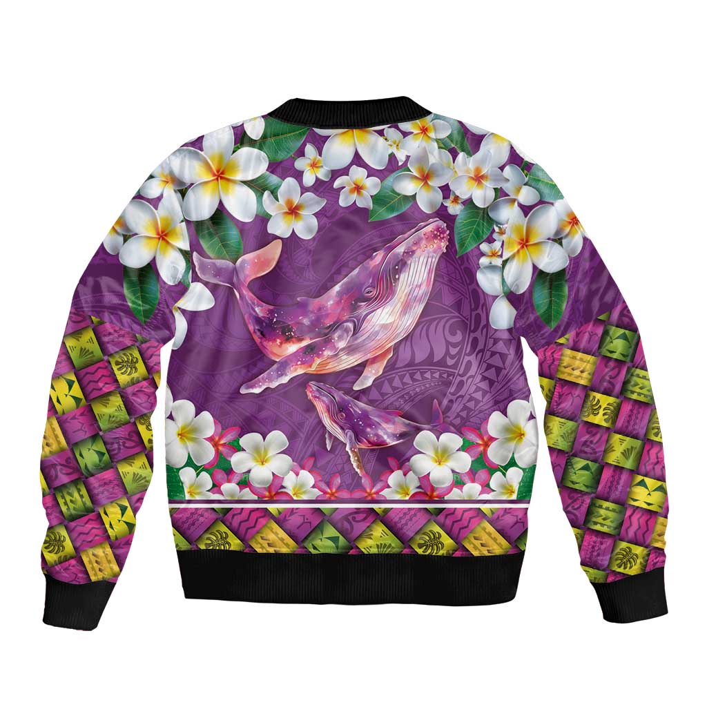 Hawaiian Plumeria and Humpback Whales Sleeve Zip Bomber Jacket Polynerian Art Tattoo-Mauve Color