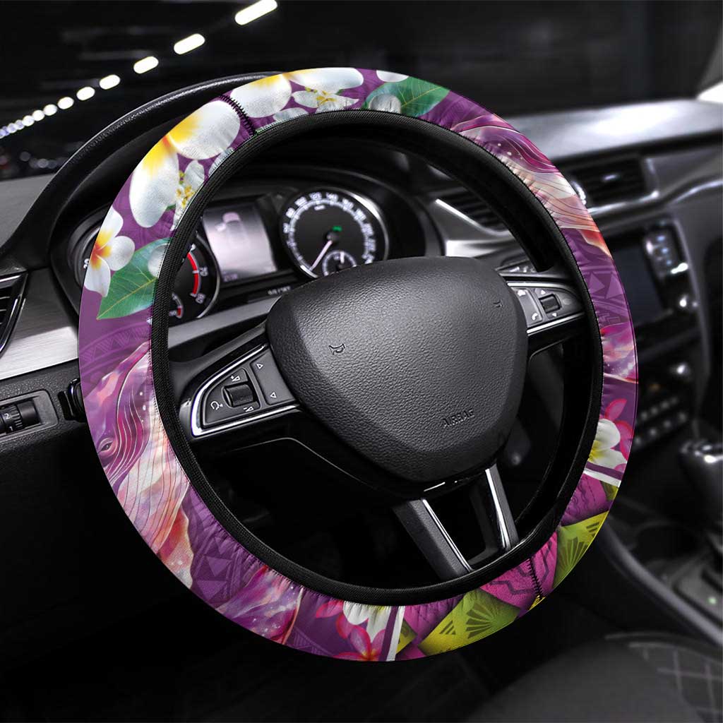 Hawaiian Plumeria and Humpback Whales Steering Wheel Cover Polynerian Art Tattoo-Mauve Color