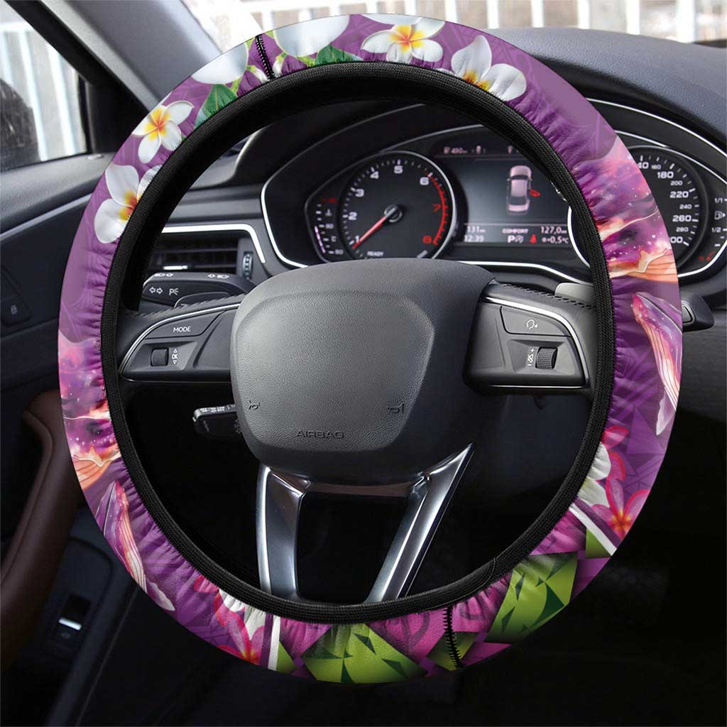 Hawaiian Plumeria and Humpback Whales Steering Wheel Cover Polynerian Art Tattoo-Mauve Color