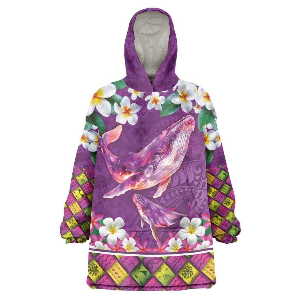 Hawaiian Plumeria and Humpback Whales Wearable Blanket Hoodie Polynerian Art Tattoo-Mauve Color