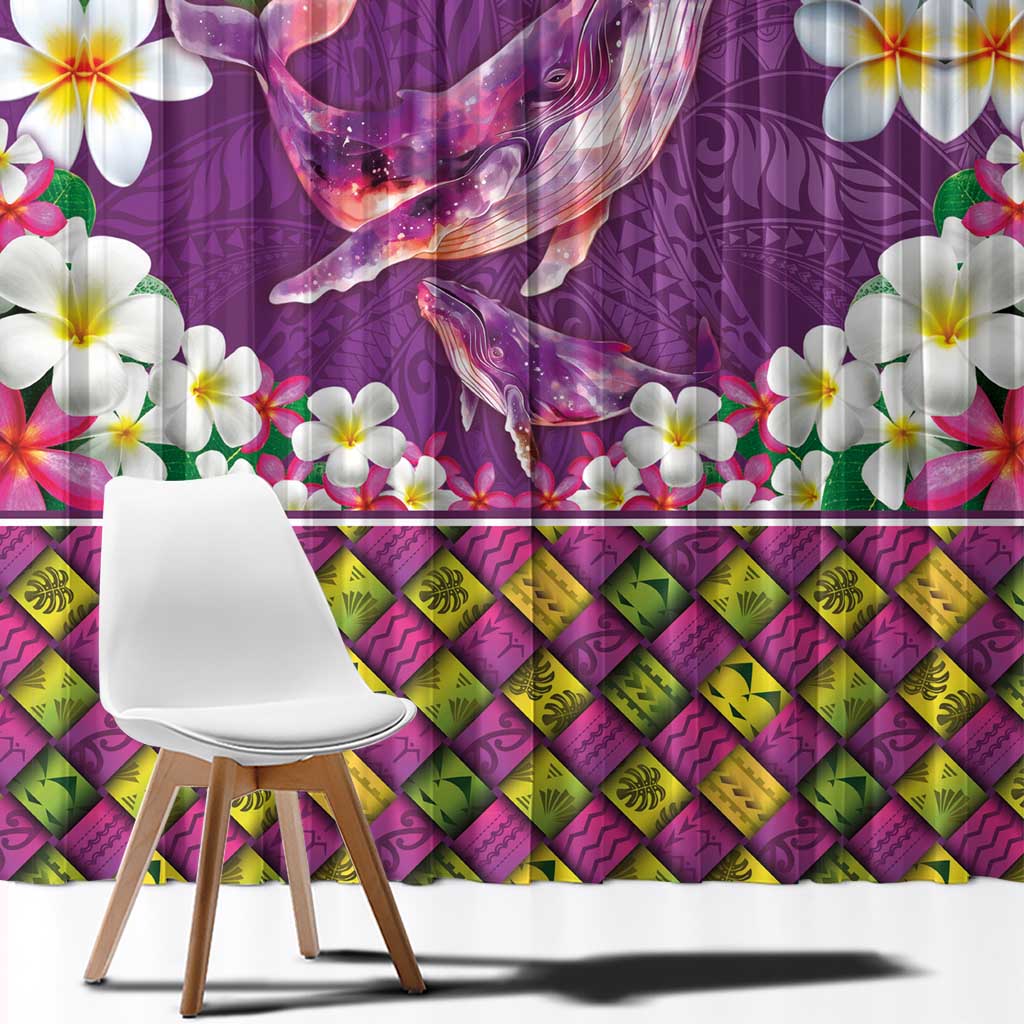 Hawaiian Plumeria and Humpback Whales Window Curtain Polynerian Art Tattoo-Mauve Color