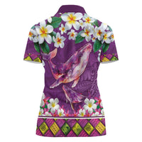 Hawaiian Plumeria and Humpback Whales Women Polo Shirt Polynerian Art Tattoo-Mauve Color