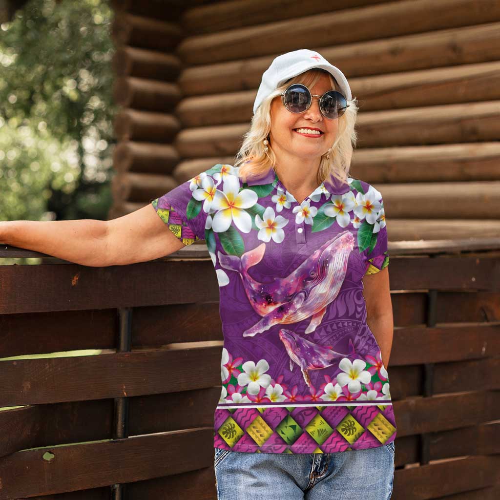 Hawaiian Plumeria and Humpback Whales Women Polo Shirt Polynerian Art Tattoo-Mauve Color