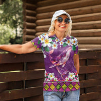 Hawaiian Plumeria and Humpback Whales Women Polo Shirt Polynerian Art Tattoo-Mauve Color