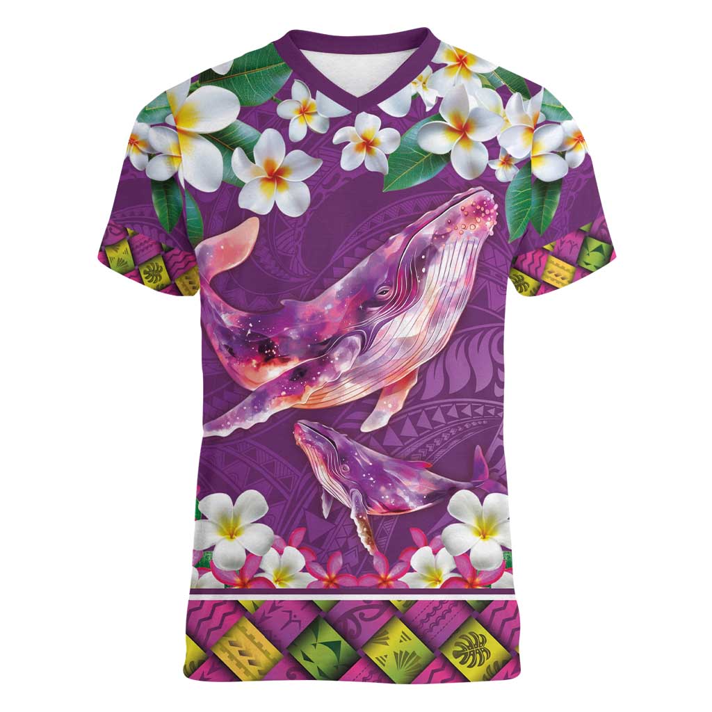 Hawaiian Plumeria and Humpback Whales Women V-Neck T-Shirt Polynerian Art Tattoo-Mauve Color