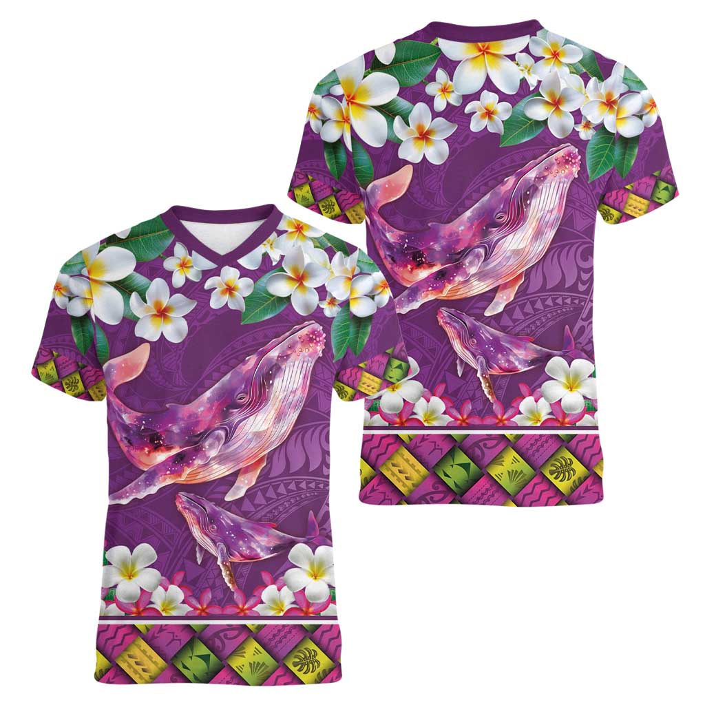 Hawaiian Plumeria and Humpback Whales Women V-Neck T-Shirt Polynerian Art Tattoo-Mauve Color