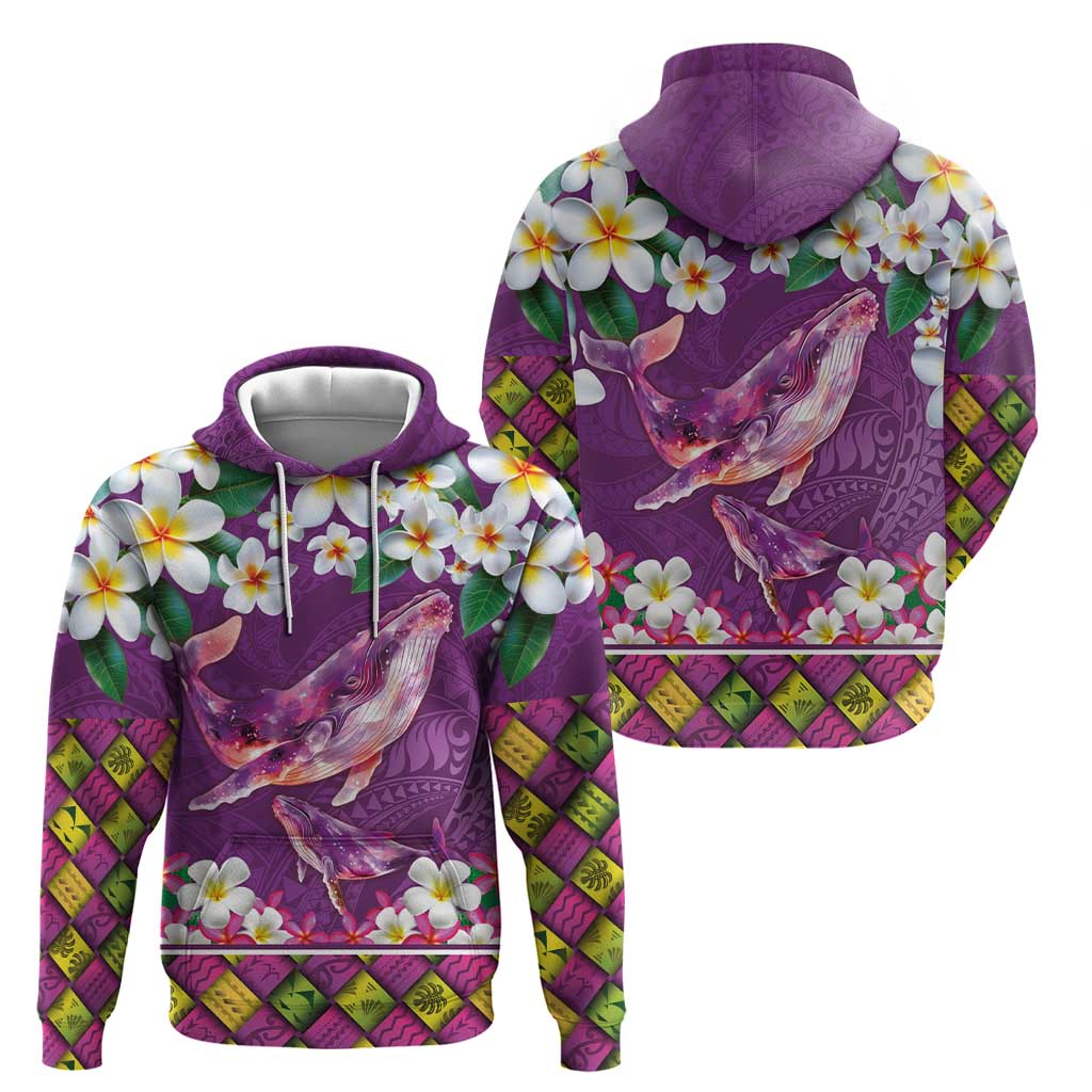 Hawaiian Plumeria and Humpback Whales Zip Hoodie Polynerian Art Tattoo-Mauve Color