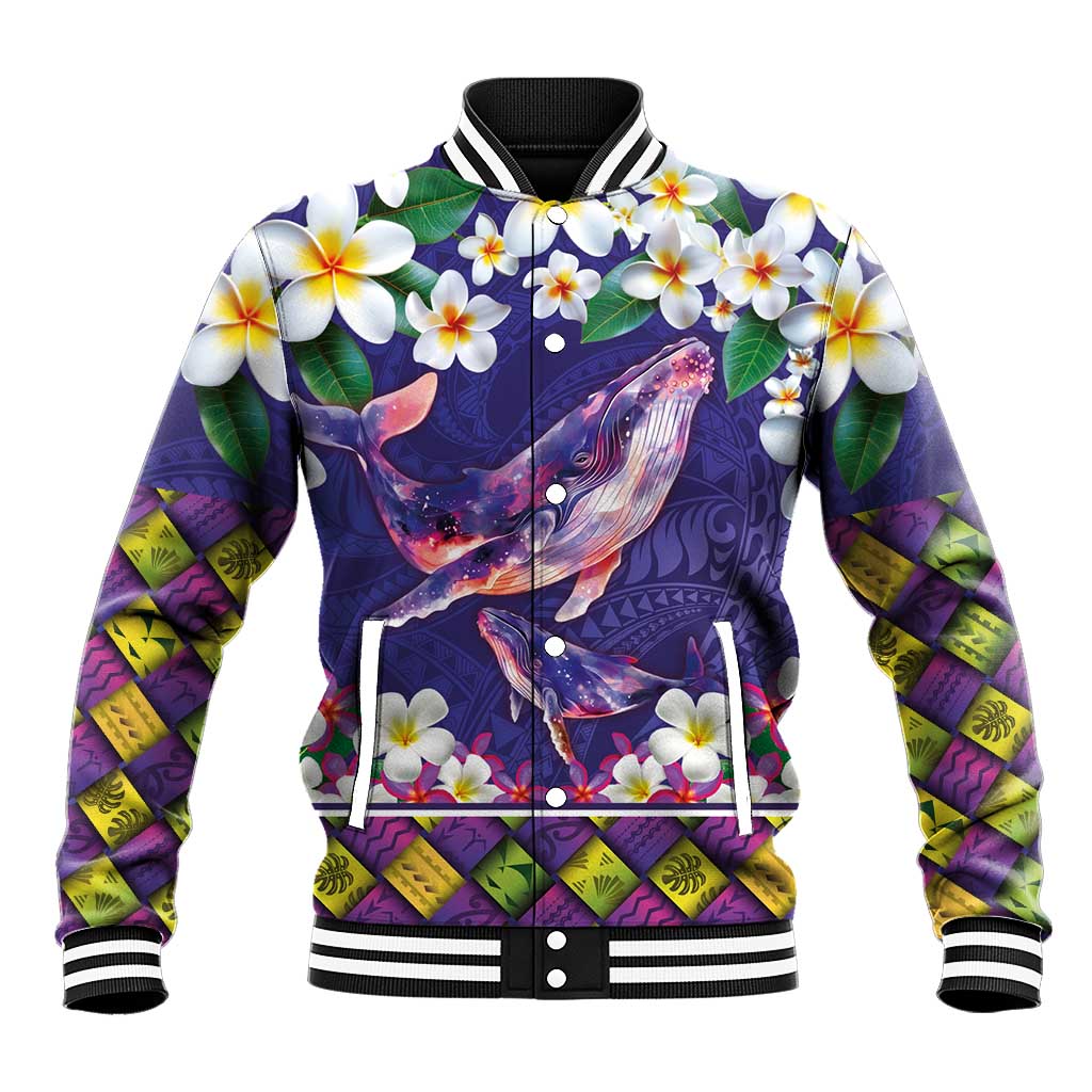 Hawaiian Plumeria and Humpback Whales Baseball Jacket Polynerian Art Tattoo-Navy Color