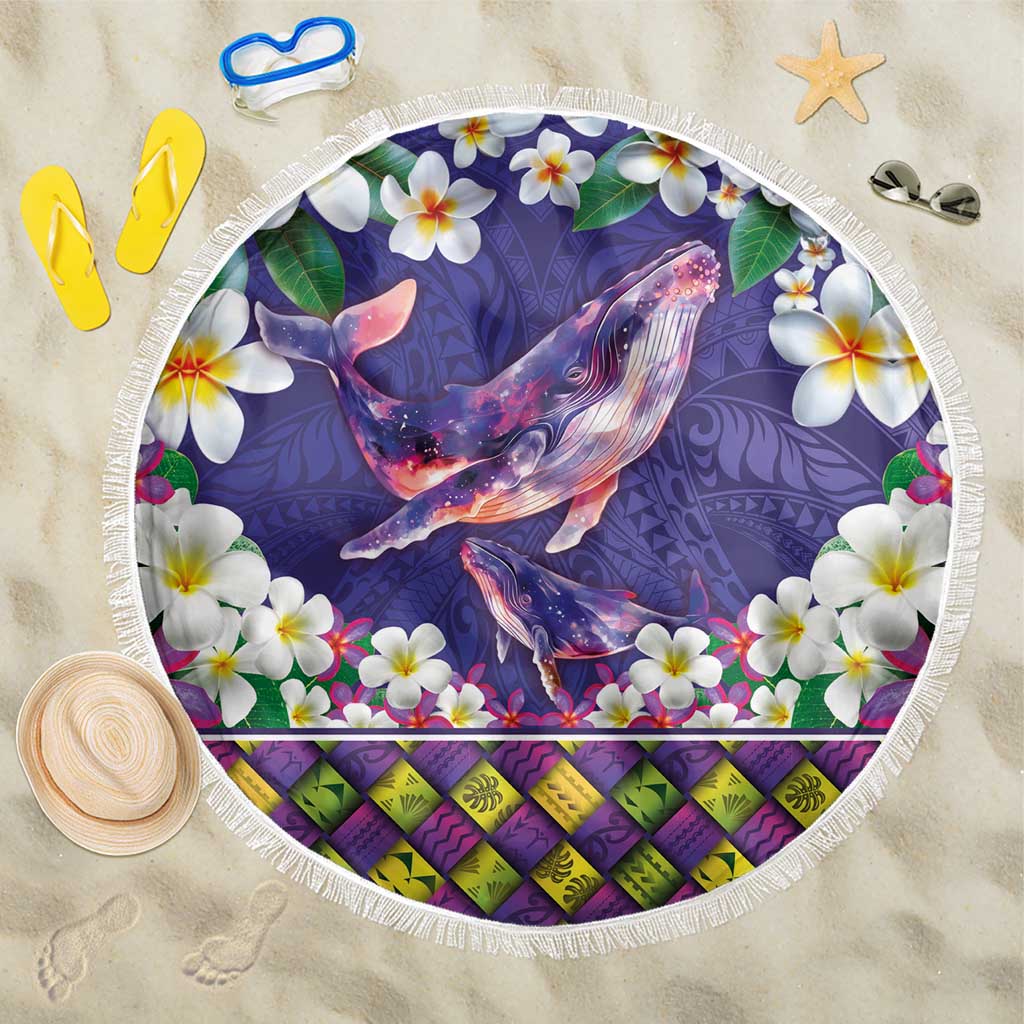 Hawaiian Plumeria and Humpback Whales Beach Blanket Polynerian Art Tattoo-Navy Color