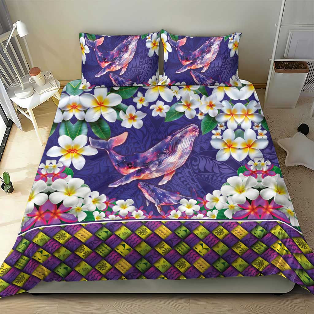Hawaiian Plumeria and Humpback Whales Bedding Set Polynerian Art Tattoo-Navy Color LT03 - Polynesian Pride