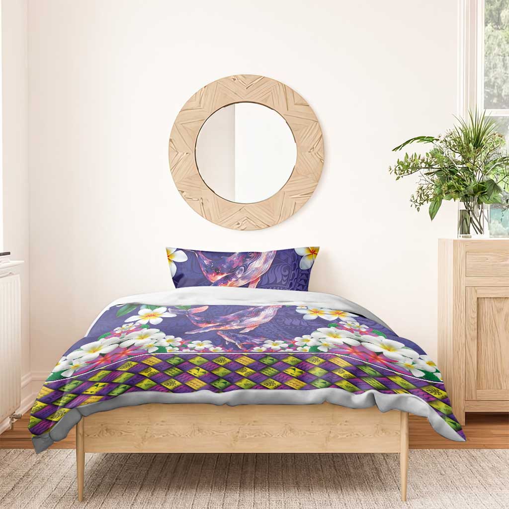 Hawaiian Plumeria and Humpback Whales Bedding Set Polynerian Art Tattoo-Navy Color LT03 - Polynesian Pride